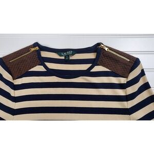 Ralph Lauren Long Sleeve Beige and Navy Striped Womens Shirt Size Small